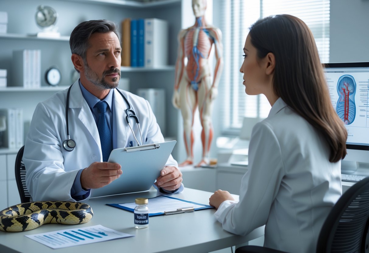 A doctor and patient having a serious medical consultation in an office, with medical models and charts on the desk.