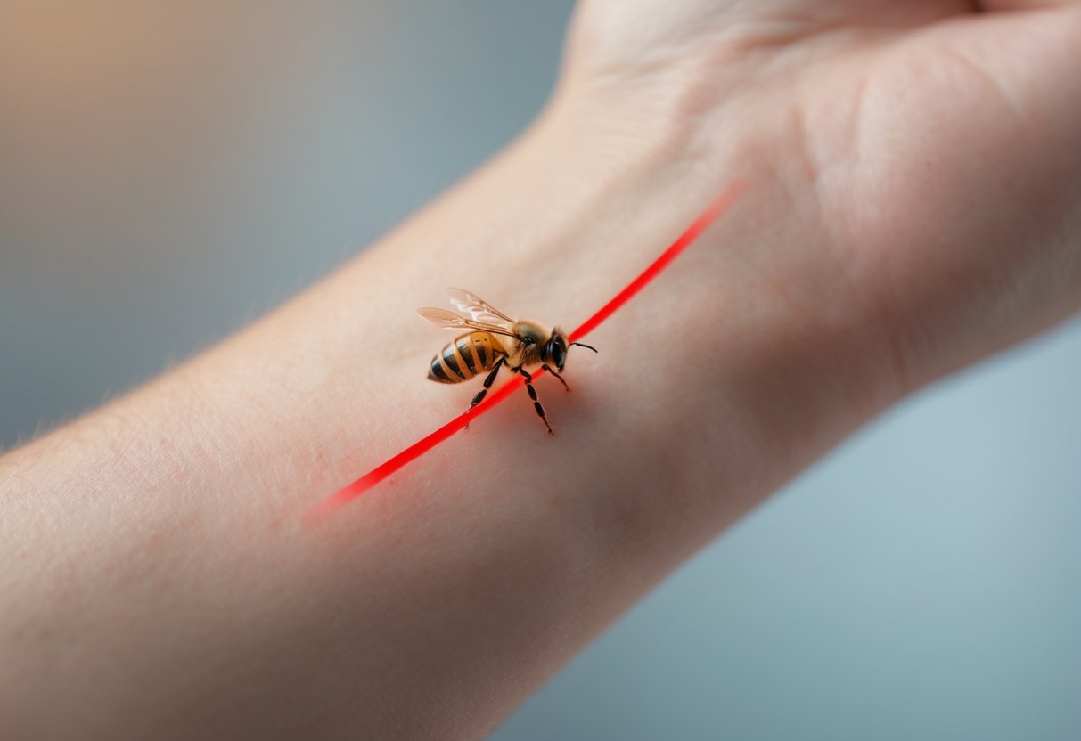Close-up of a human forearm with a bee sting and a red line extending from the sting site.