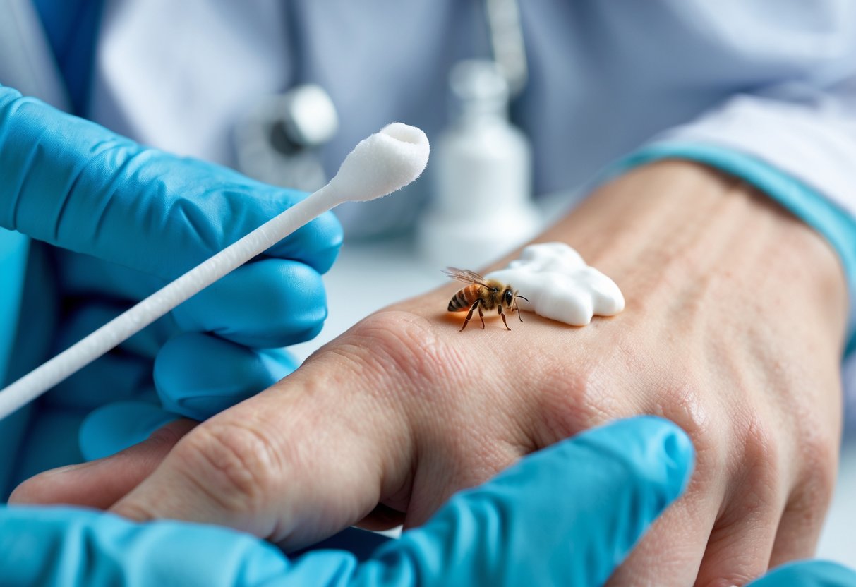 A healthcare professional applying cream to a bee sting on a person's hand.