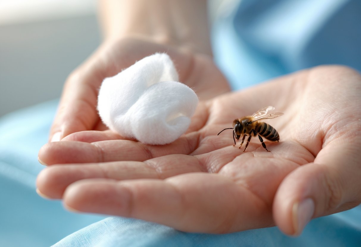 Close-up of a person's hand with a visible bee sting being gently treated with a cotton ball.