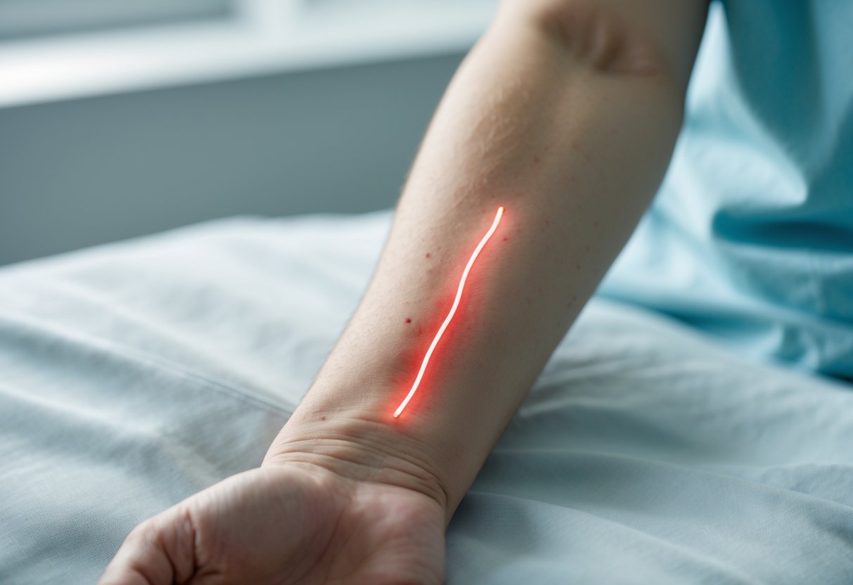 Close-up of a forearm with a bee sting and a red line extending from the sting site, showing signs of infection or allergic reaction.