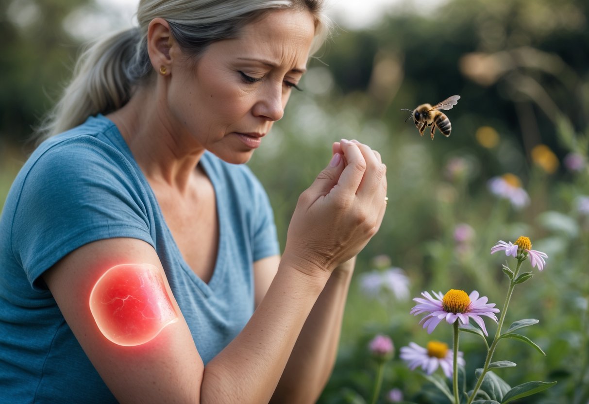 A woman outdoors looking concerned as she examines a swollen, red area on her arm from a bee sting.