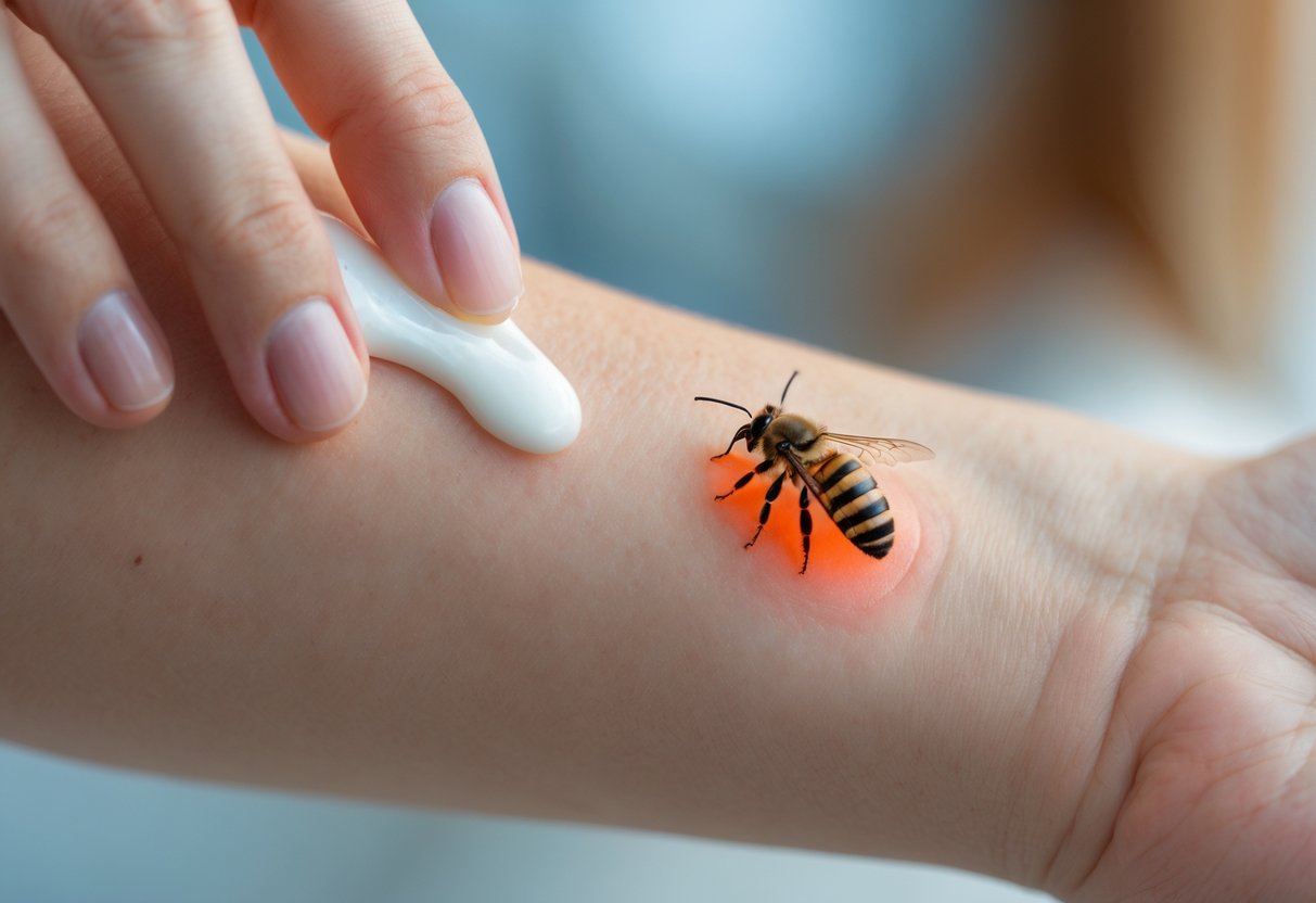 A person applying toothpaste to a red, swollen bee sting on their forearm.