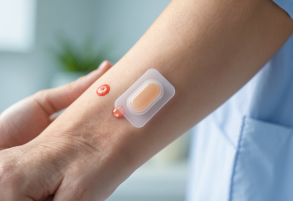 Close-up of a forearm with a small patch applied, showing mild redness around it in a clinical setting.