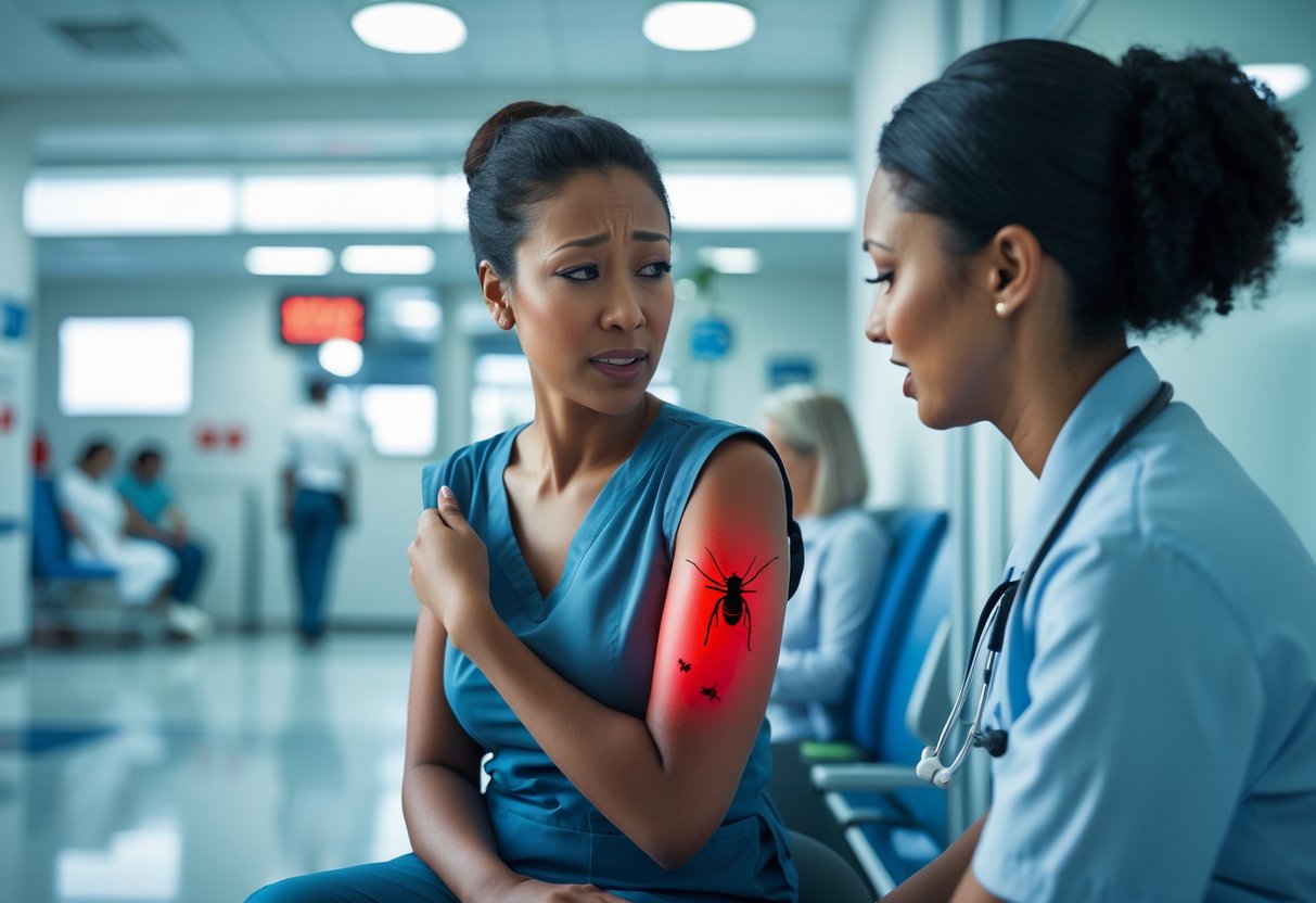 A woman with a swollen arm in a hospital emergency room talking to a nurse.