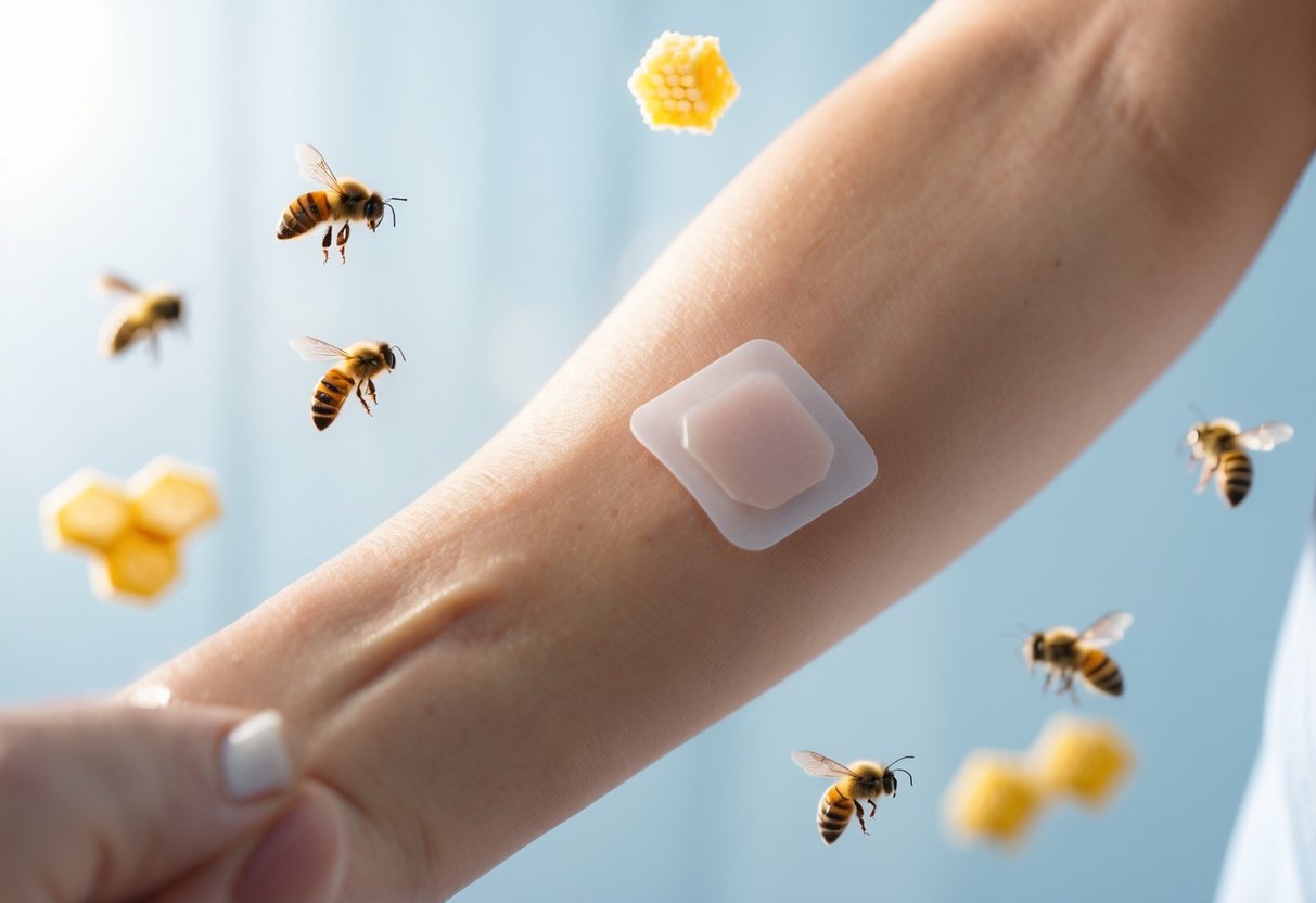 Close-up of a person's forearm with a small transparent patch applied, surrounded by soft-focus honeycombs and bees on a clean, light background.