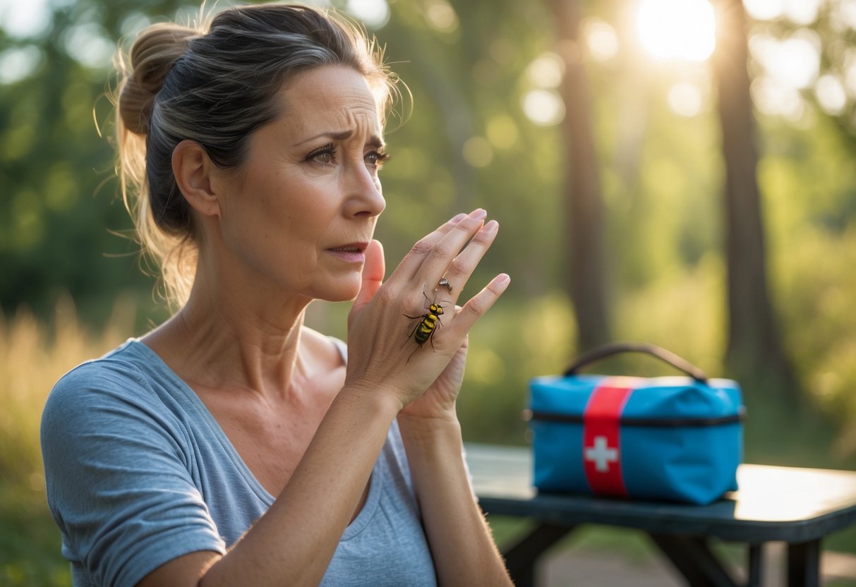A woman outdoors touching a wasp sting on her arm with a first aid kit nearby.