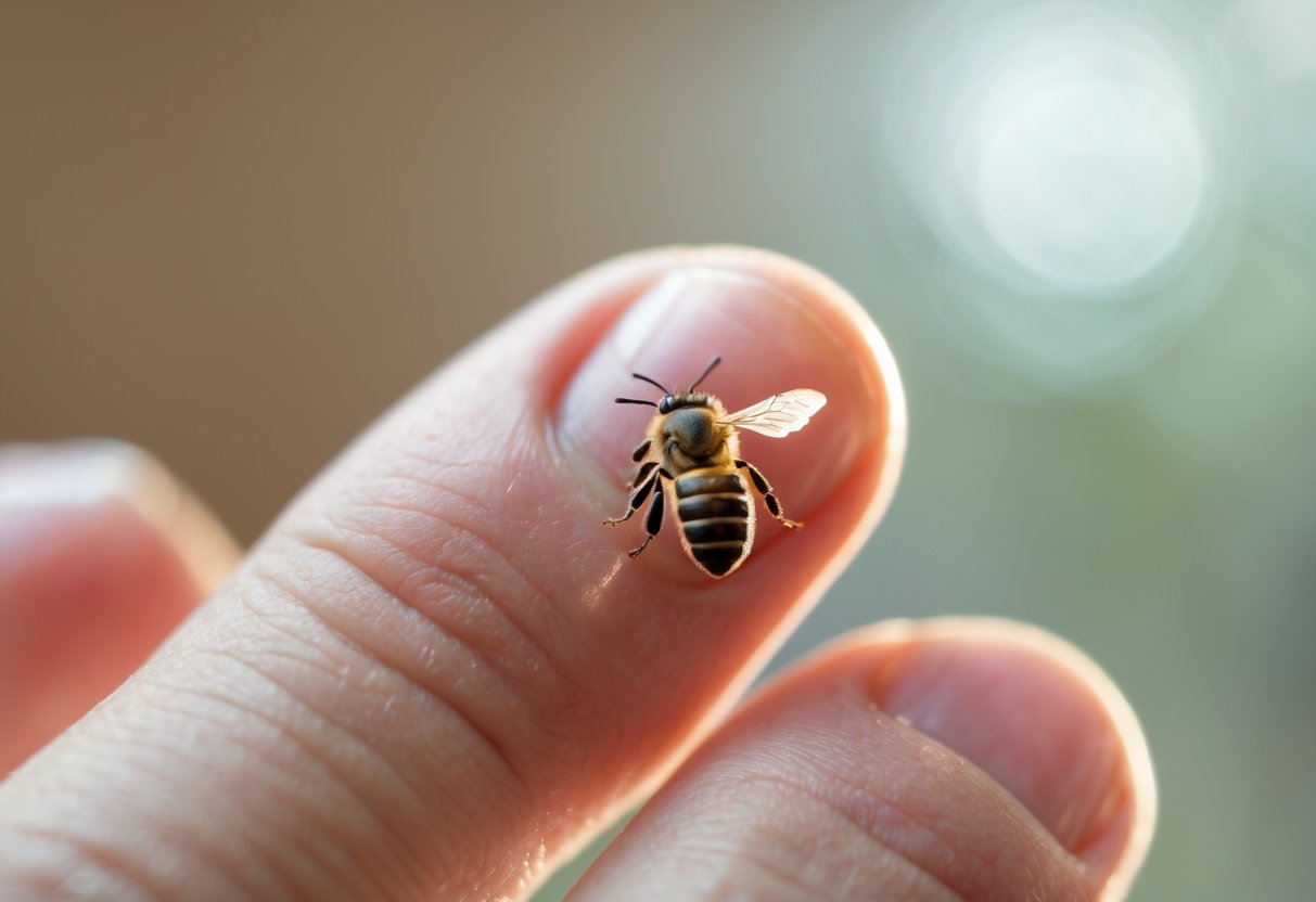 Close-up of a finger with a bee stinger embedded in the skin being gently examined by a hand.