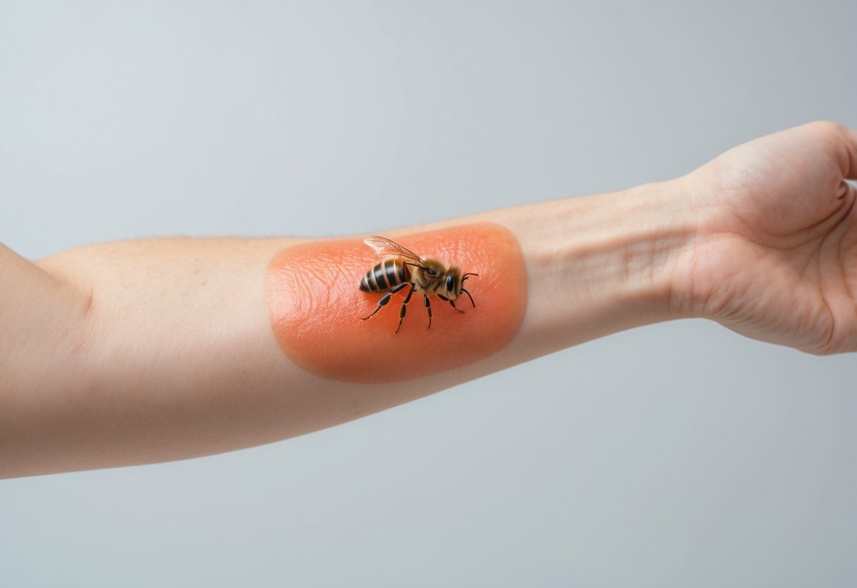 Close-up of a forearm with a red, swollen bee sting reaction.