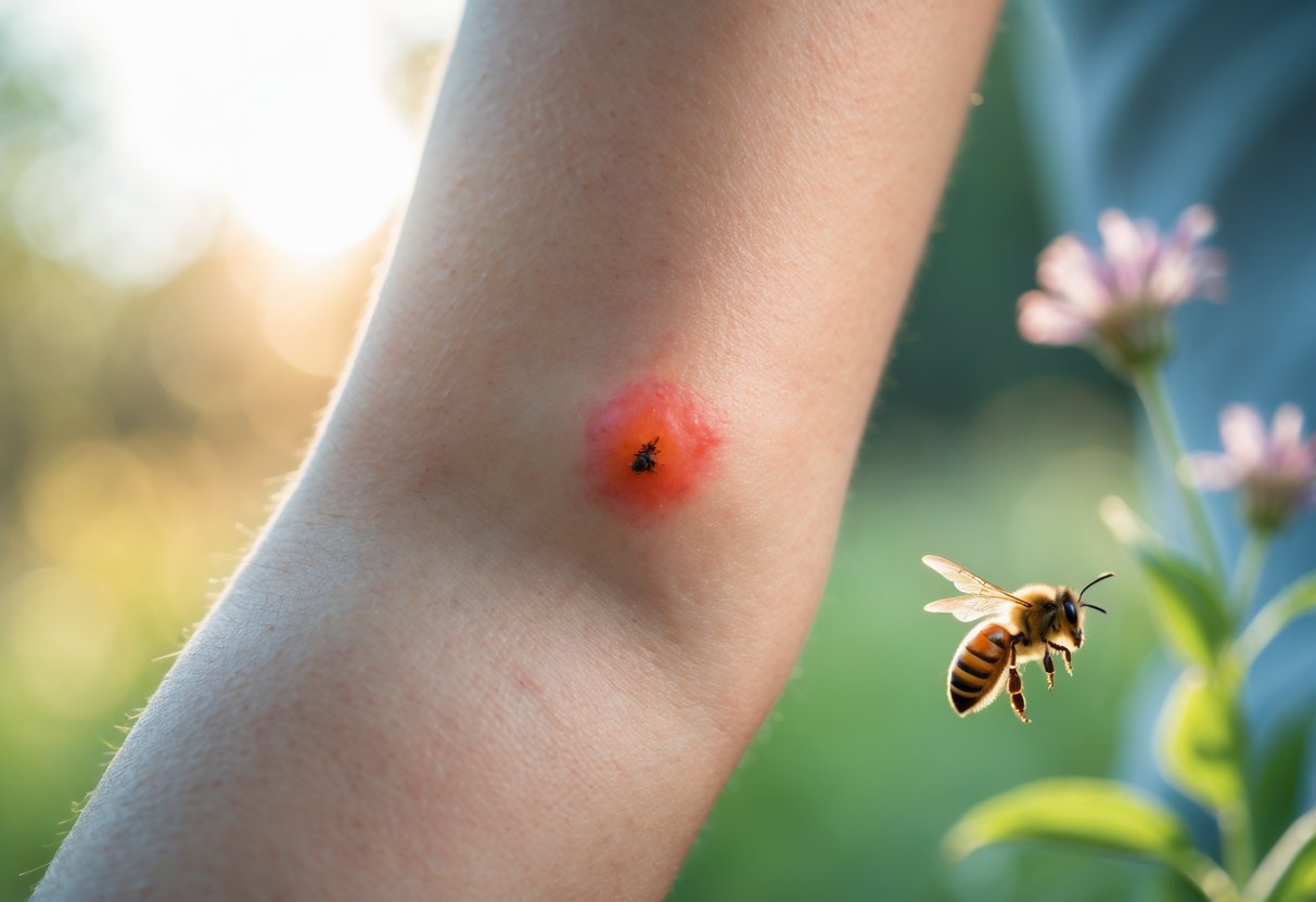 Close-up of a person's arm with a red swollen bee sting mark and a honeybee flying near a flower in a natural outdoor setting.