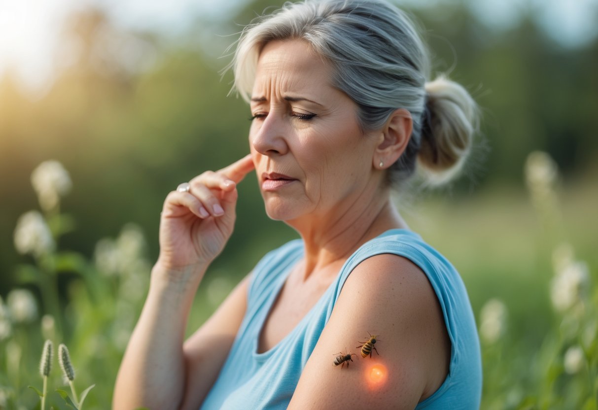 A woman outdoors touching a swollen area on her arm with a concerned expression.