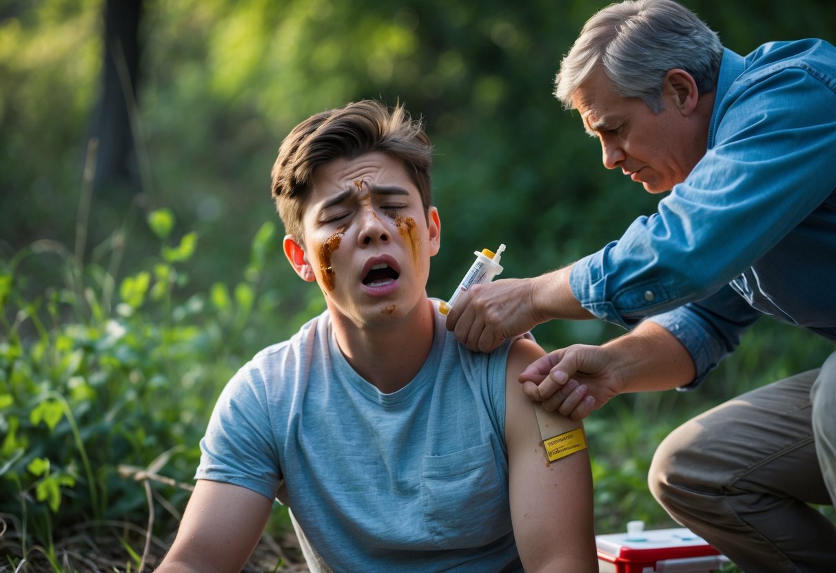 A person outdoors showing facial swelling from an allergic reaction while another person gives an epinephrine injection.