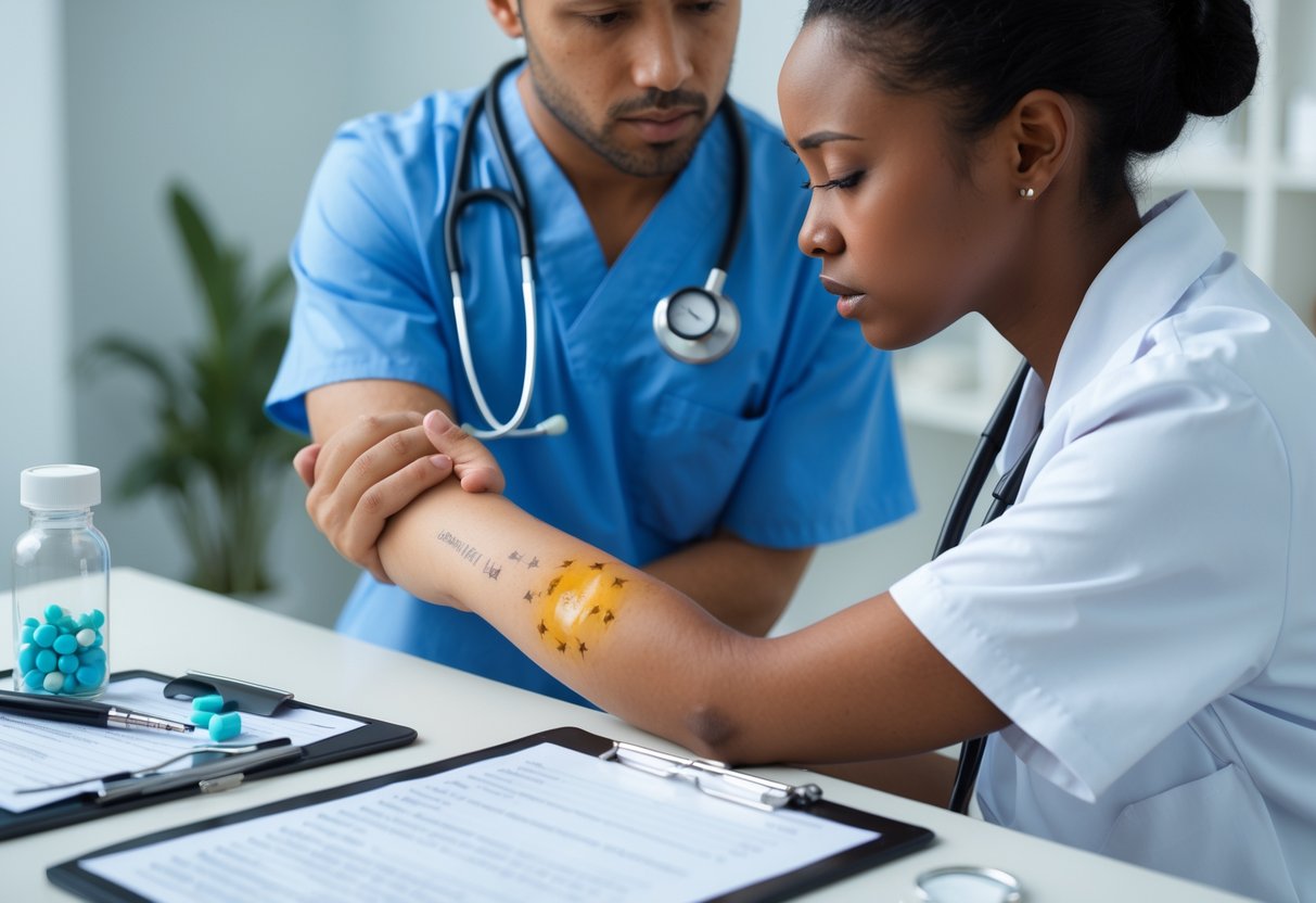 A healthcare professional examining a patient's arm with bee sting marks in a clinical setting.