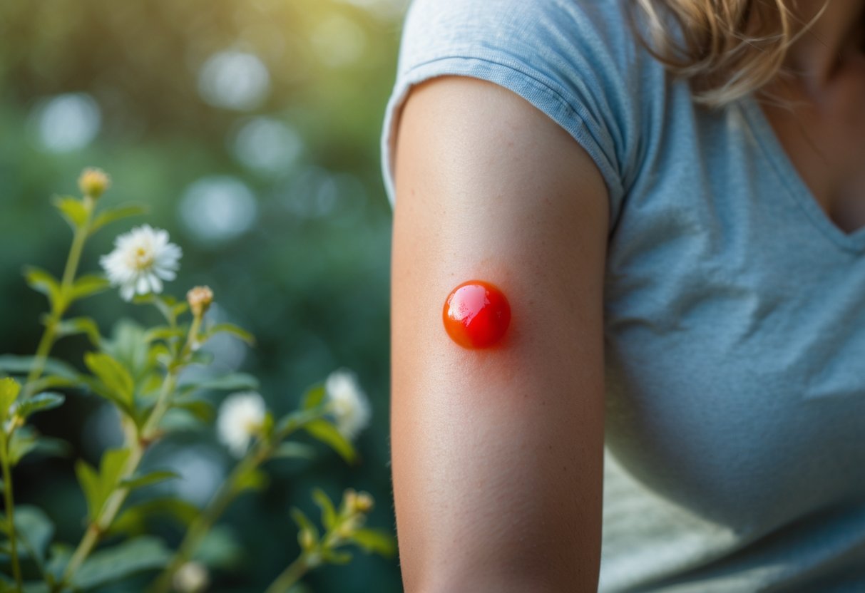 Close-up of a person's arm with a red swollen bump from a bee sting and a concerned expression.