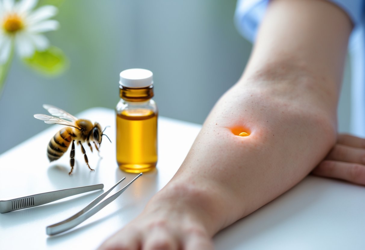 Close-up of a person's arm with a red, swollen bee sting mark, a small bottle of medicine, and tweezers on a white surface, with a honeybee on a flower in the background.