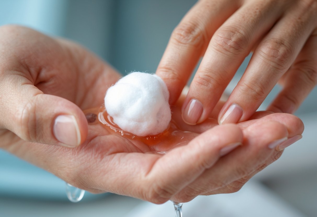 A person applying vinegar with a cotton ball to an insect sting on their forearm.