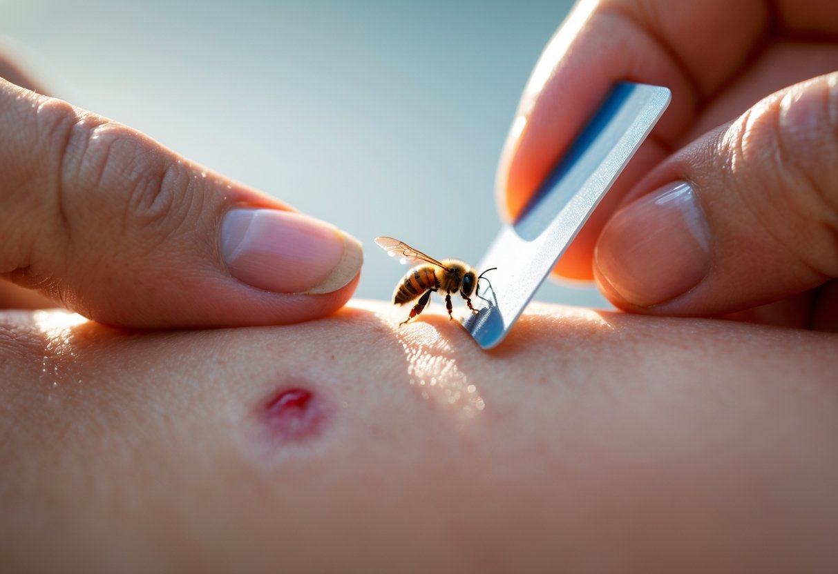 A person removing a bee stinger from their skin using a fingernail.