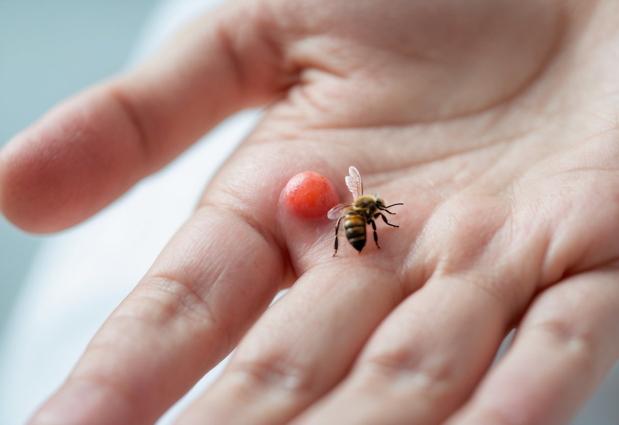 Close-up of a hand with a small red swollen bump from a bee sting.