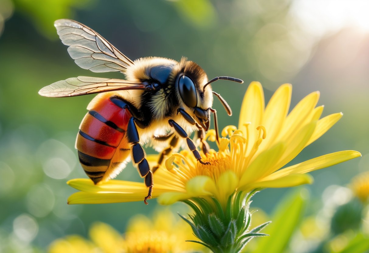 A close-up of a bee with a bright red abdomen sitting on a yellow flower outdoors.