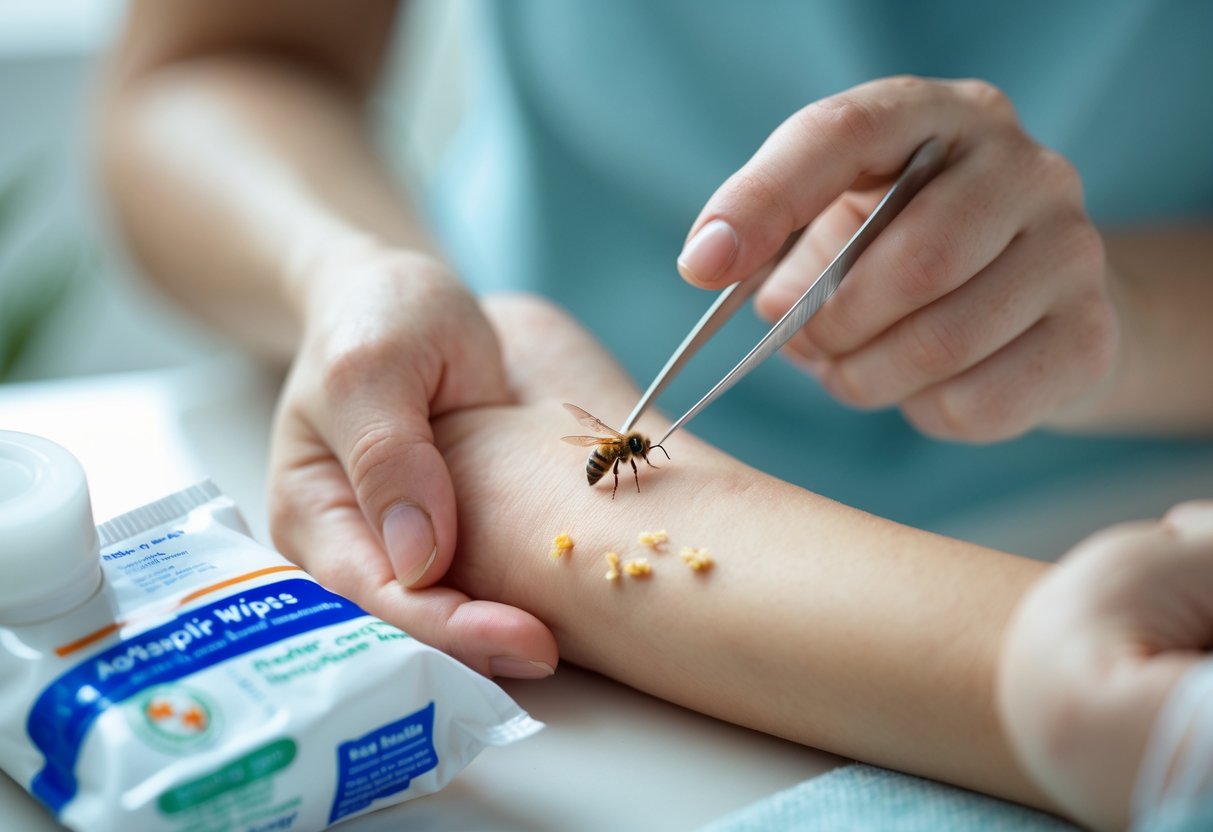 Close-up of a person removing a bee sting from their forearm with tweezers next to a first aid kit.