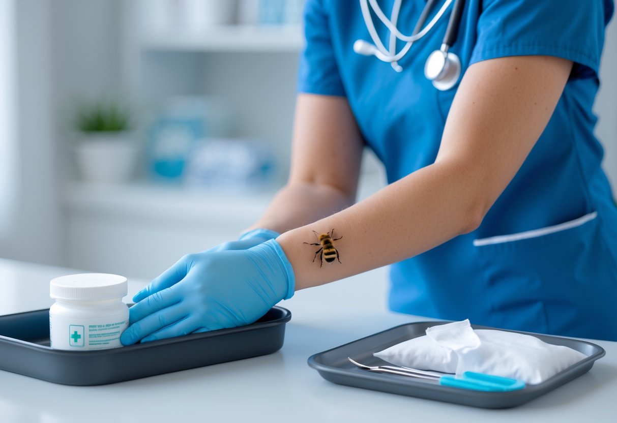 A nurse treating a patient's bee sting on the forearm in a medical setting.