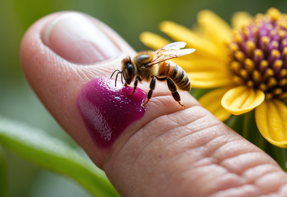 Close-up of a finger with a small blood blister near the tip and a honeybee on a yellow flower in the background.