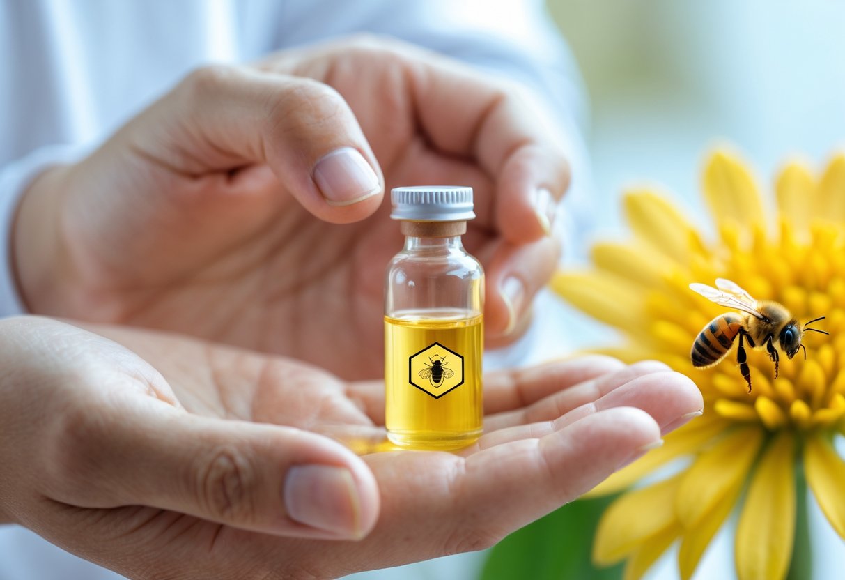 Close-up of a person holding their wrist with a small vial of golden liquid nearby and a honeybee on a yellow flower in the background.