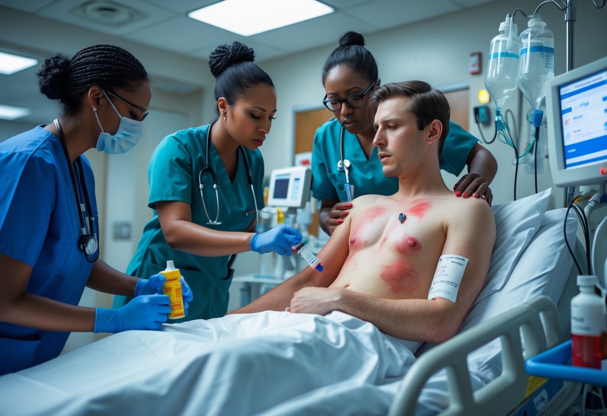 Healthcare professionals treating a patient with an allergic reaction in a hospital emergency room.