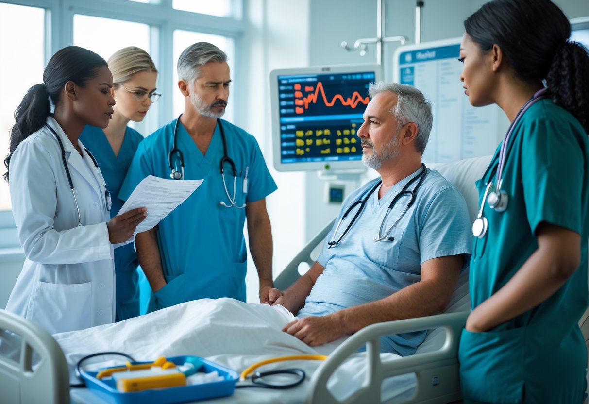 Medical professionals discussing a patient's chart in a hospital room with emergency medical equipment nearby.