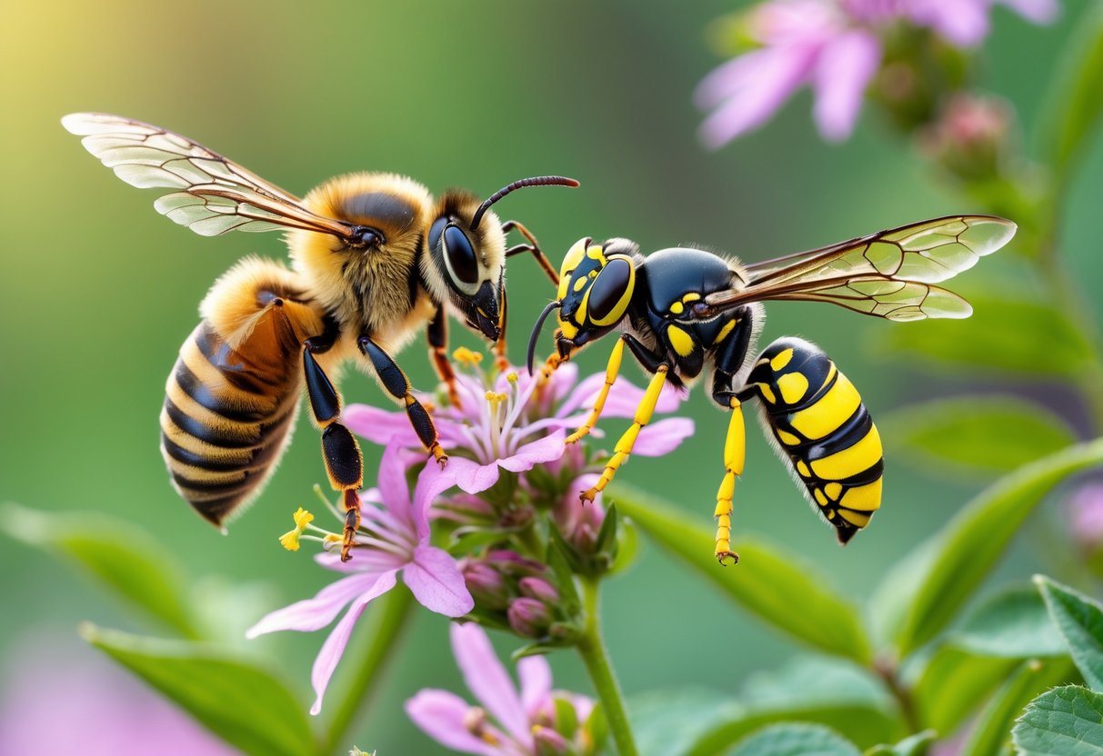 Close-up of a honey bee and a wasp on flowers showing their physical differences.