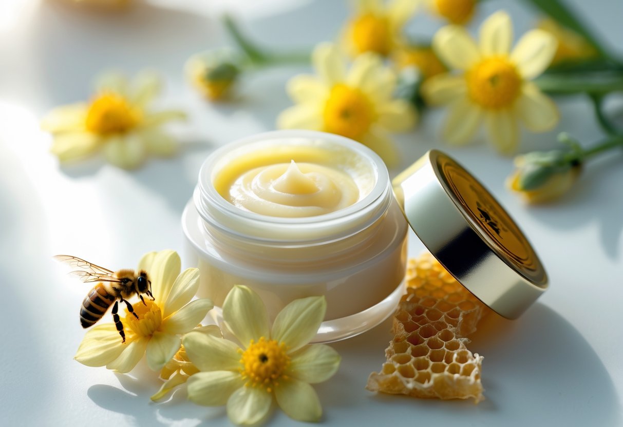 A jar of cream next to yellow flowers, honeycomb pieces, and a honeybee.