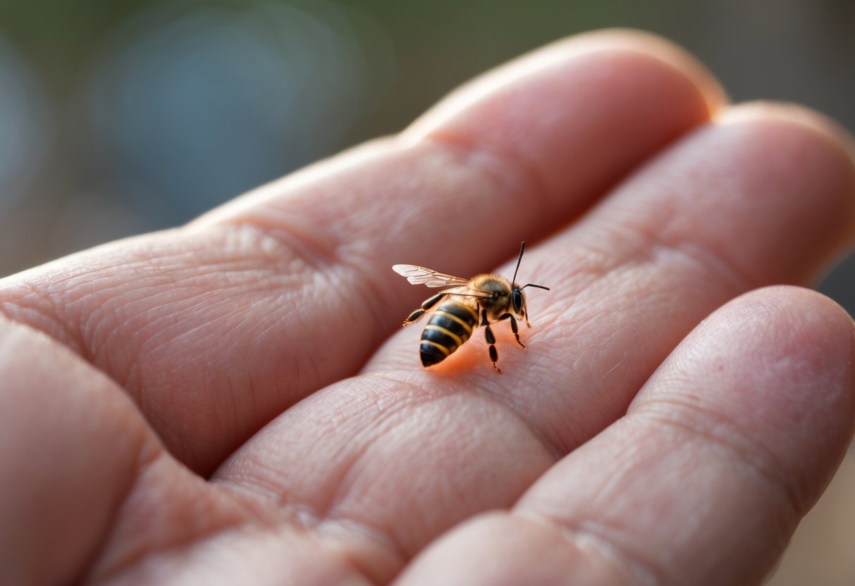 Close-up of a hand with a bee stinger embedded in the skin, showing redness and swelling around the sting site.