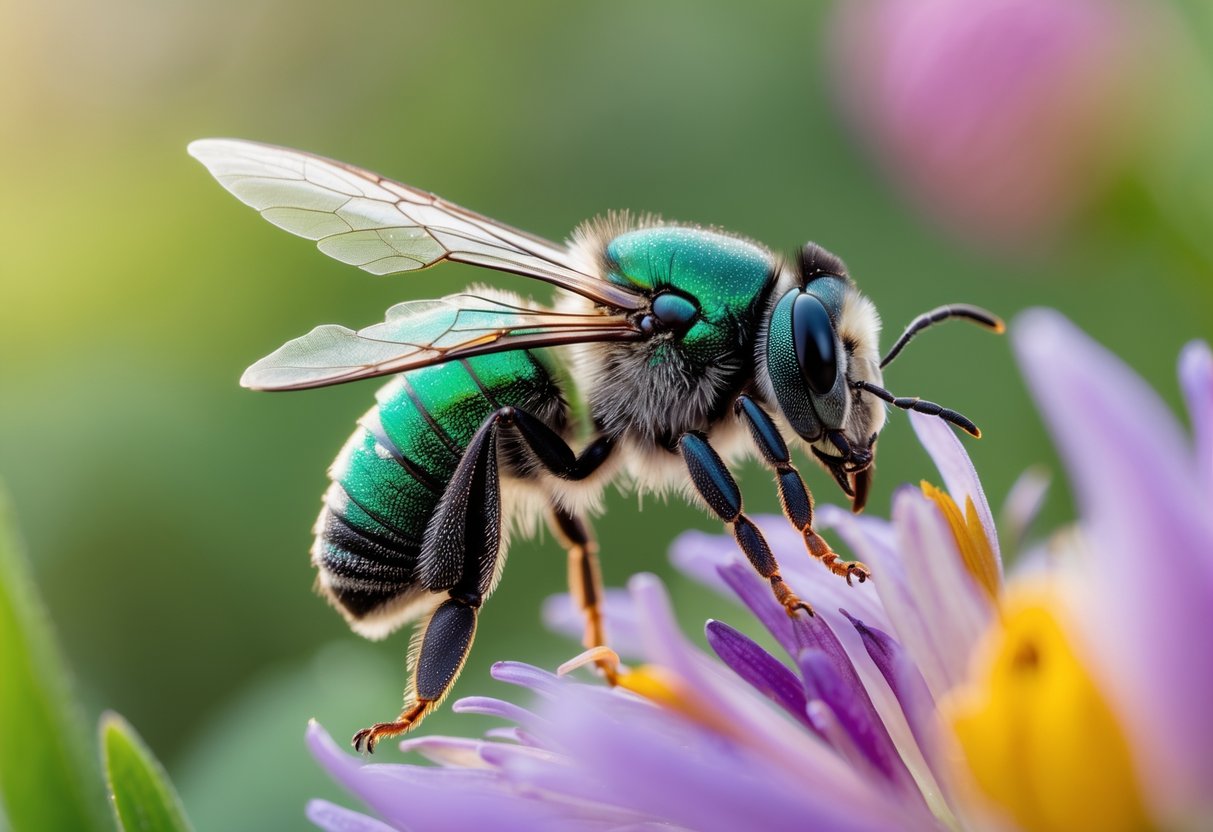 A small metallic green and black sweat bee resting on a colorful flower with a blurred natural background.