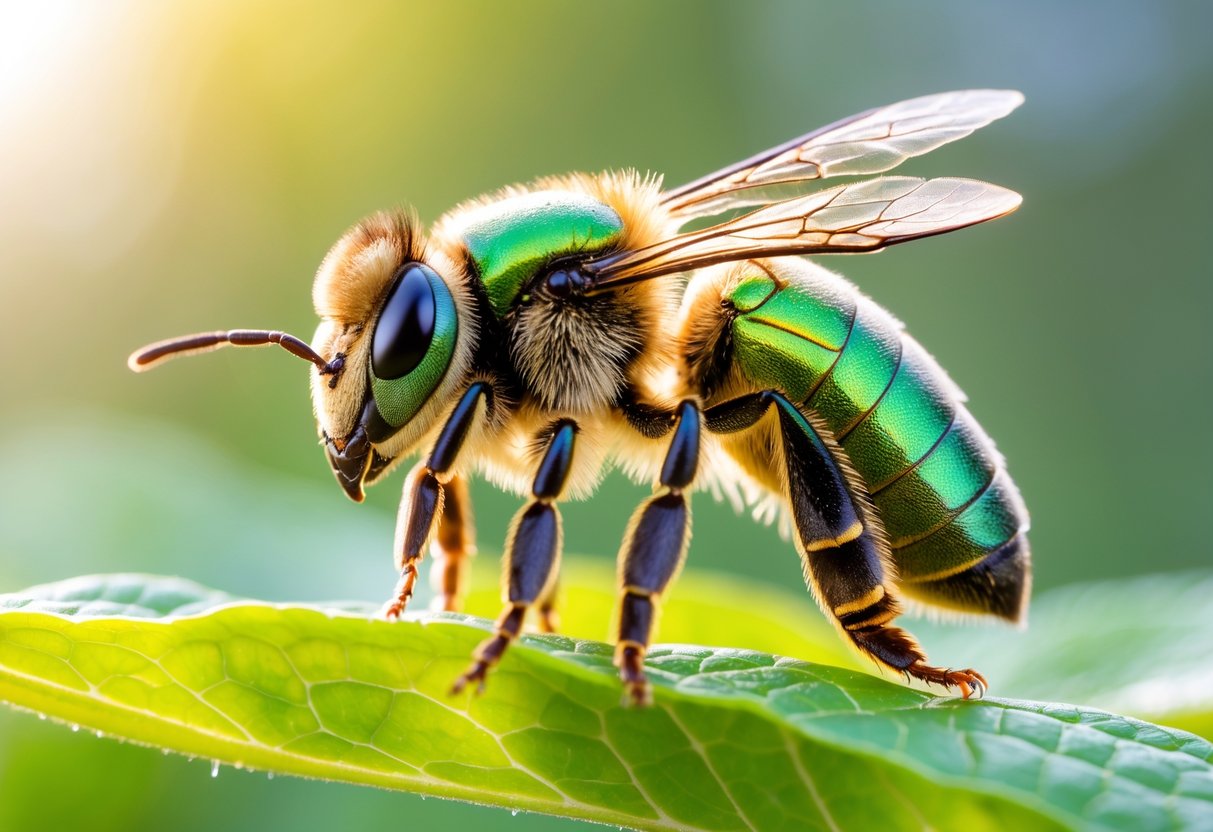 Close-up of a small metallic green sweat bee resting on a green leaf outdoors.