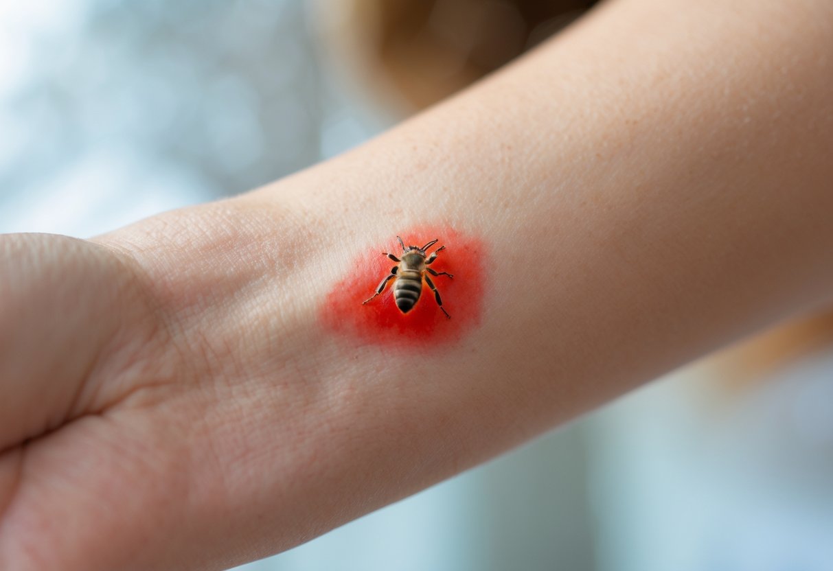 Close-up of a forearm with a large red swollen spot from a bee sting.