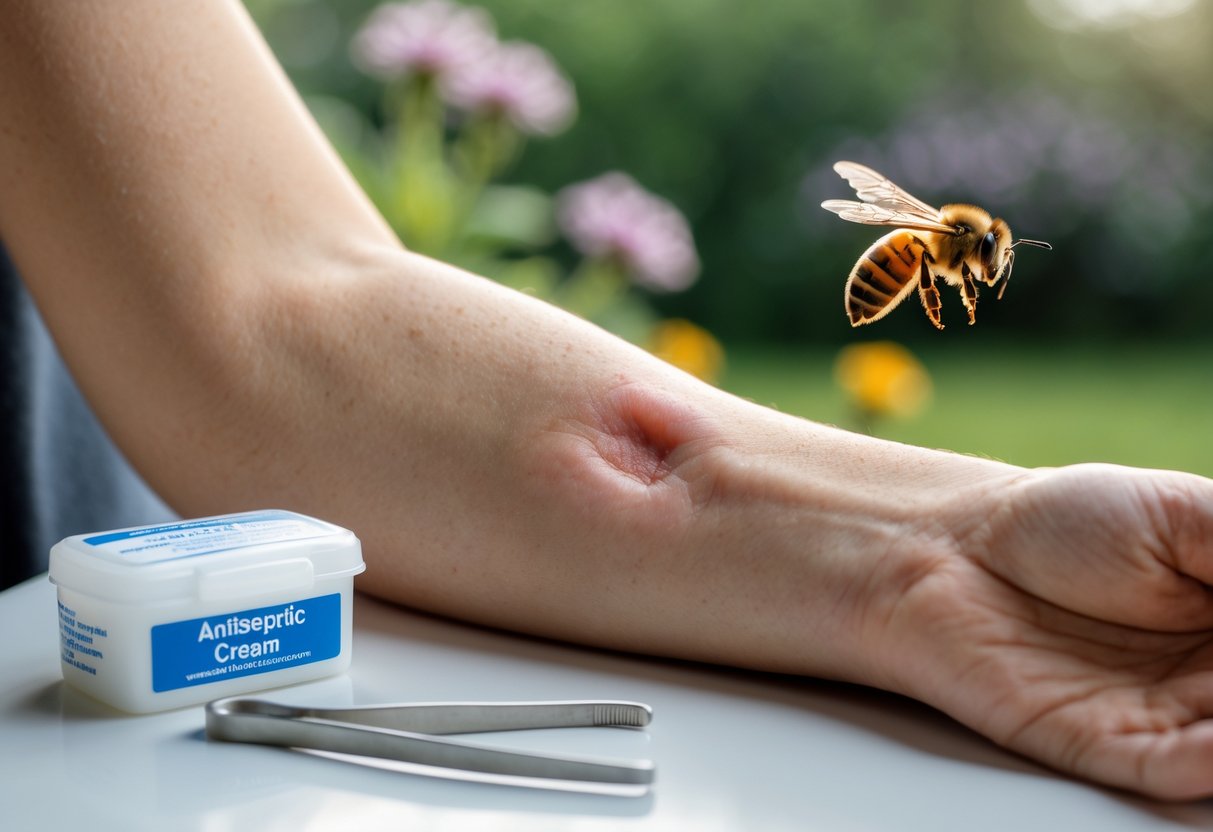 A close-up of a person's arm with a bee sting showing redness and swelling, with a first aid kit nearby and a honeybee flying in the background.