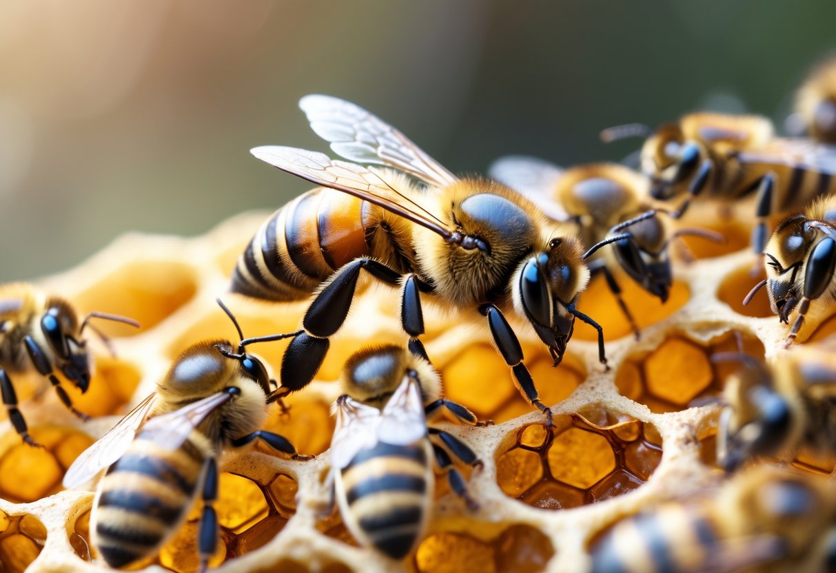 Close-up of a queen bee and several worker bees on a honeycomb, showing the size and shape differences between them.