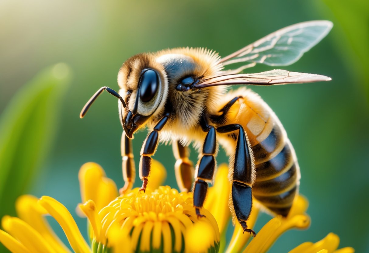 Close-up of a honeybee resting on a yellow flower with green blurred background.