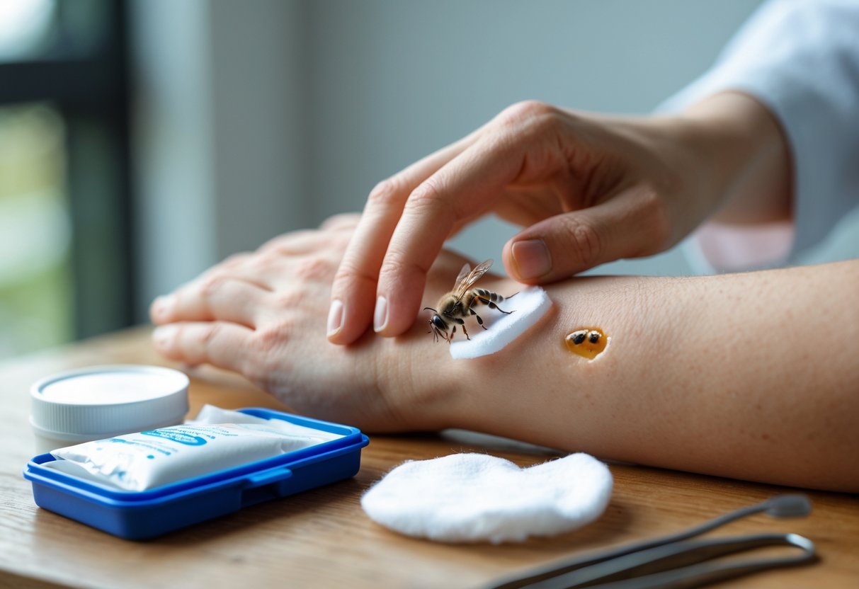 A person treating a bee sting on their forearm using a cotton pad and antiseptic cream.