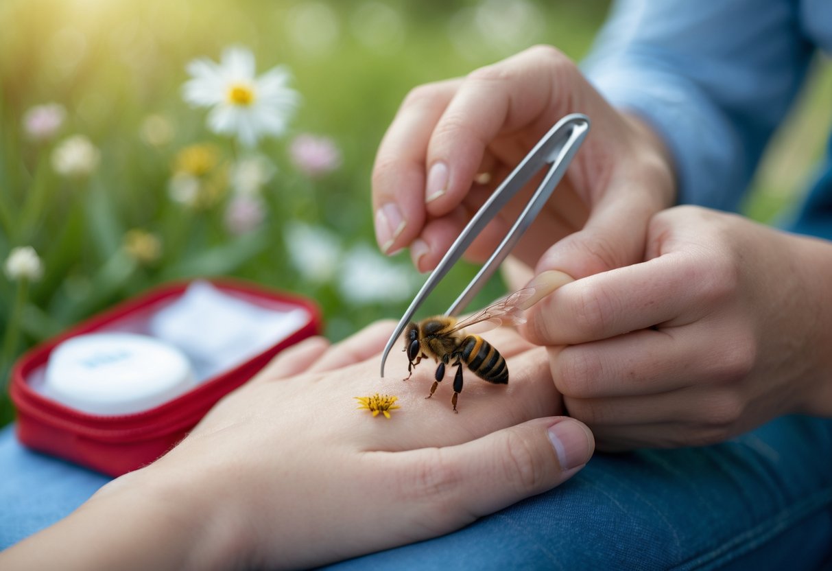 Close-up of a person removing a bee sting from their hand with tweezers outdoors.