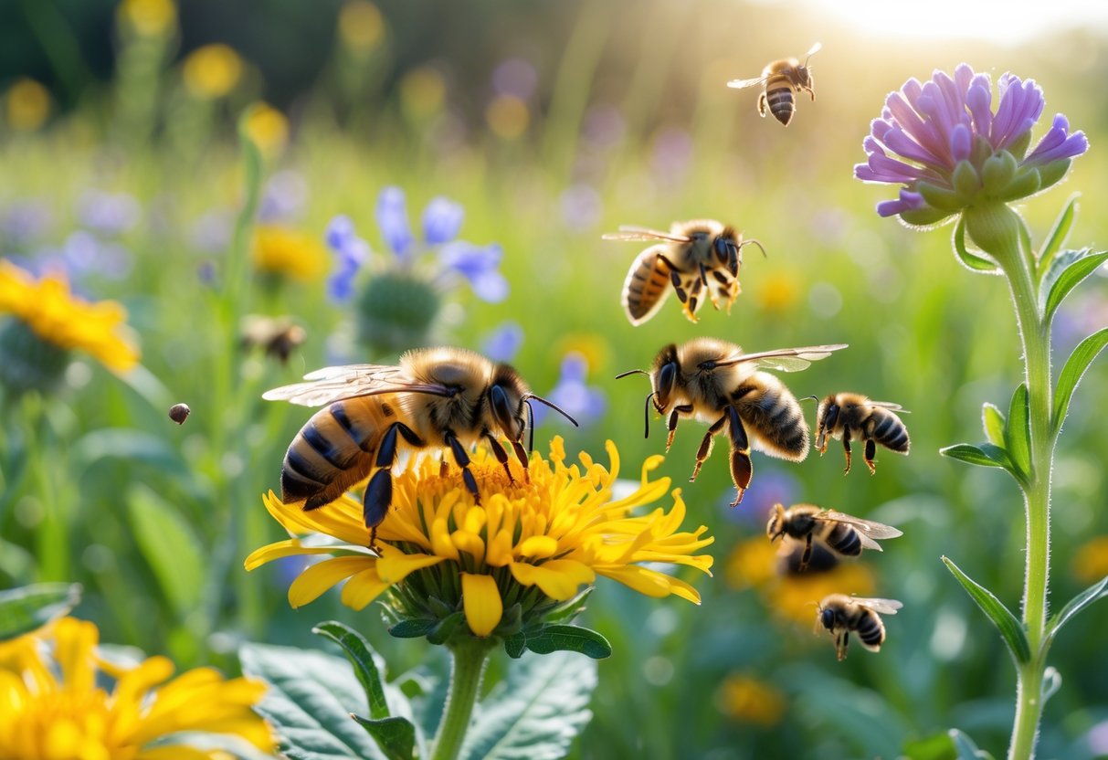 Close-up of different bees on colorful wildflowers in a sunlit meadow.