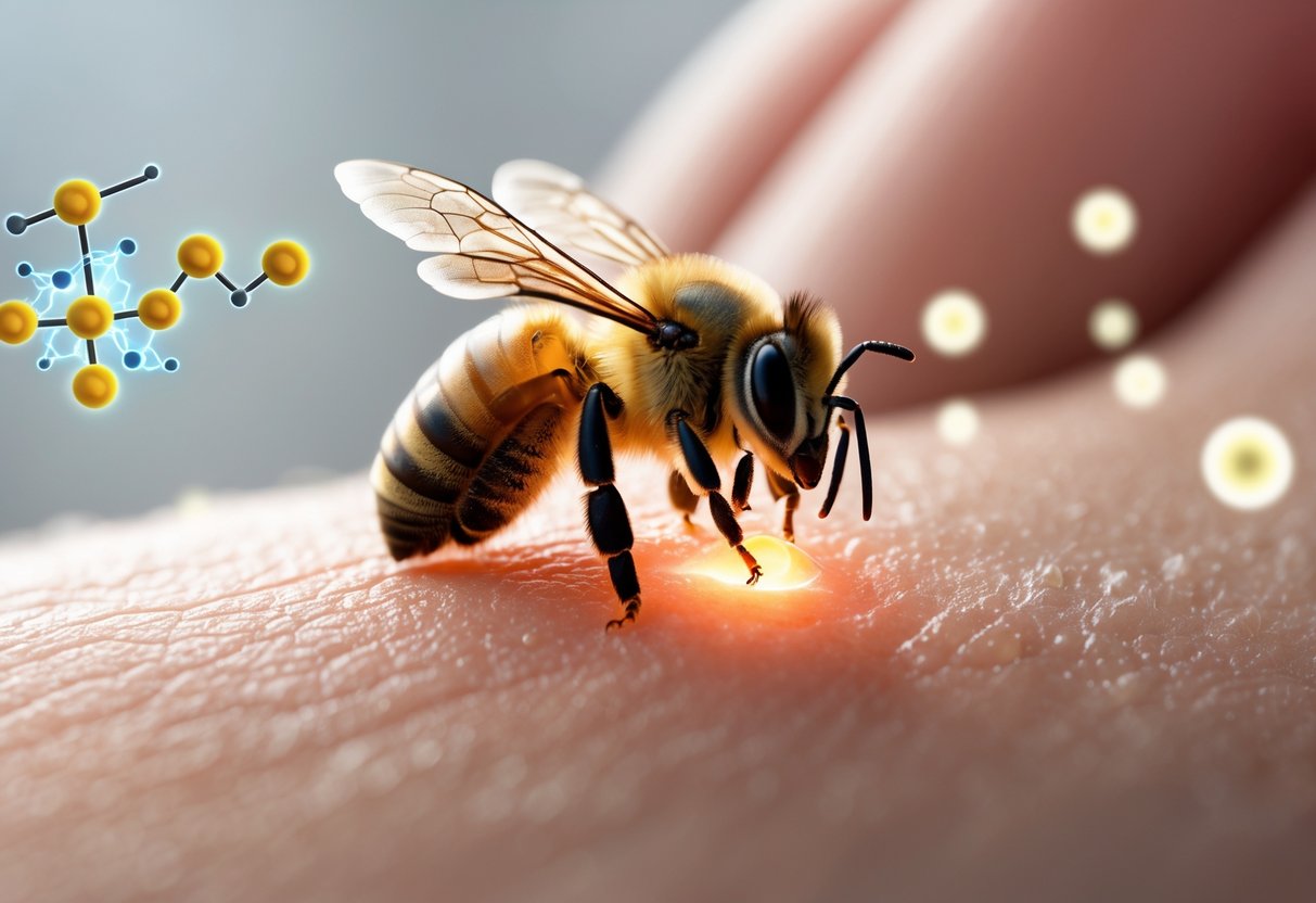 A honeybee stinging a person's slightly red and swollen skin with faint molecular and immune response visuals around the sting area.
