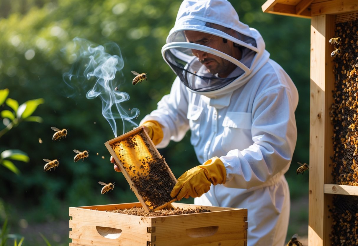 A person in protective gear carefully removing a honey bee hive outdoors with bees flying nearby.