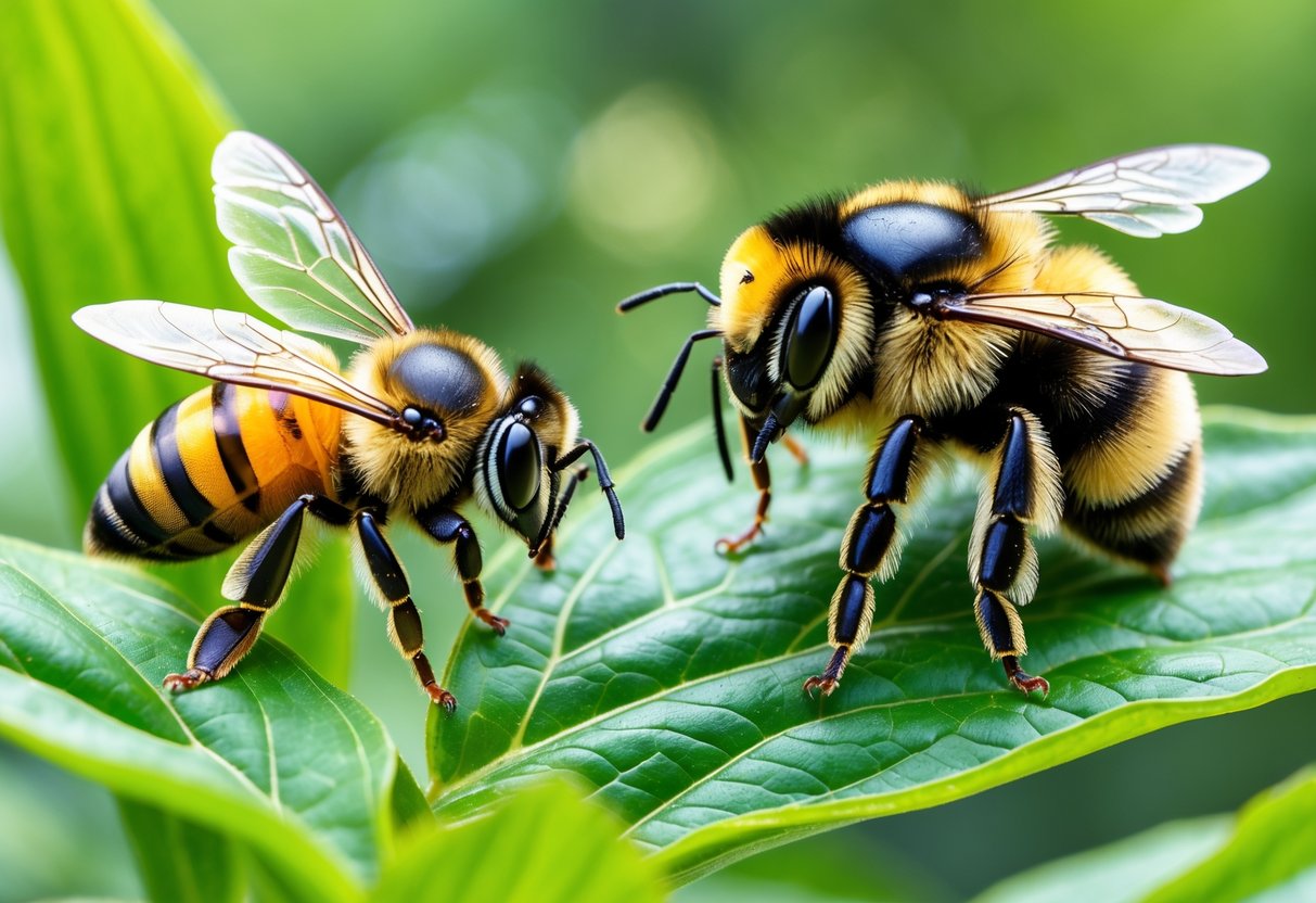 Close-up of a honey bee and a bumblebee on green leaves showing their size and color differences.