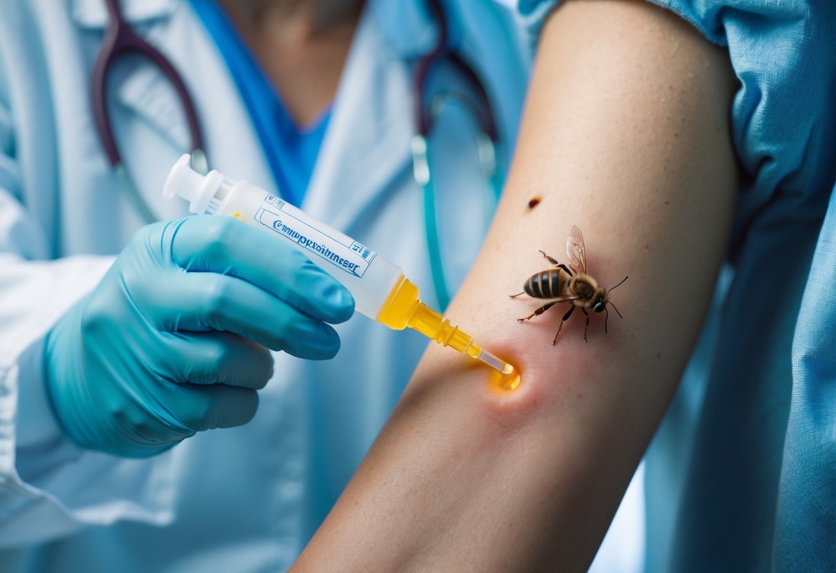 Close-up of a person's arm with a bee sting and a medical professional holding an epinephrine auto-injector nearby.