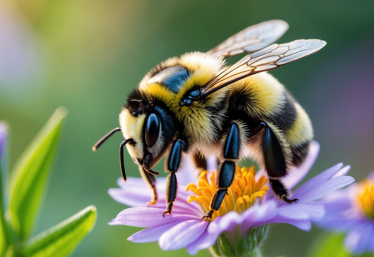 A close-up of a bumblebee sitting on a flower with green foliage in the background.