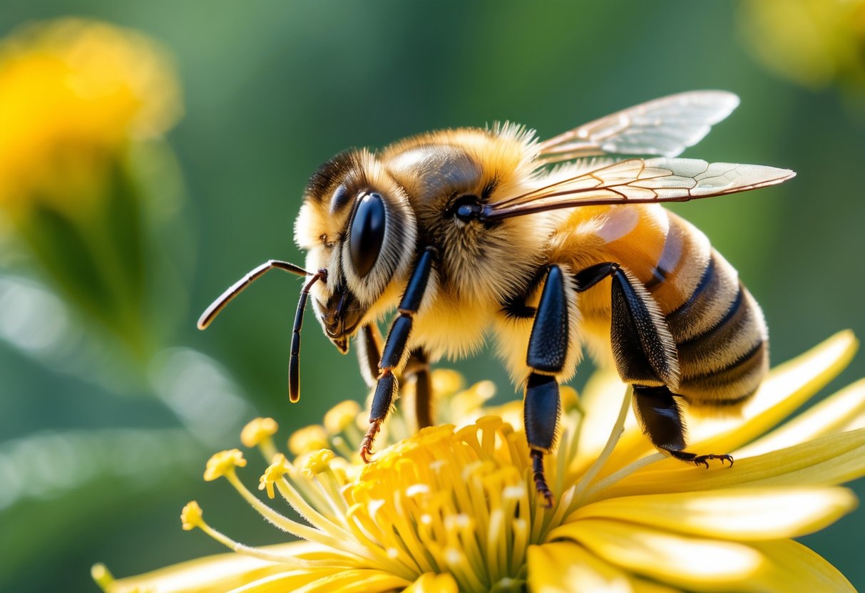 Close-up of a honey bee on a yellow flower with green leaves in the background.