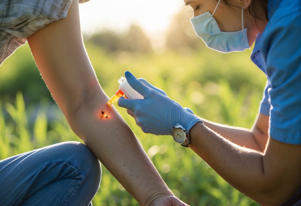 A person outdoors receiving an epinephrine injection after a bee sting on their arm, showing distress and swelling.
