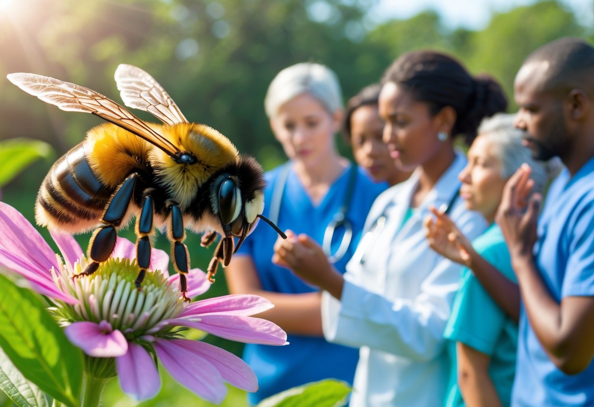A close-up of a bumblebee on a flower with people outdoors showing mild sting symptoms and a healthcare professional giving advice.