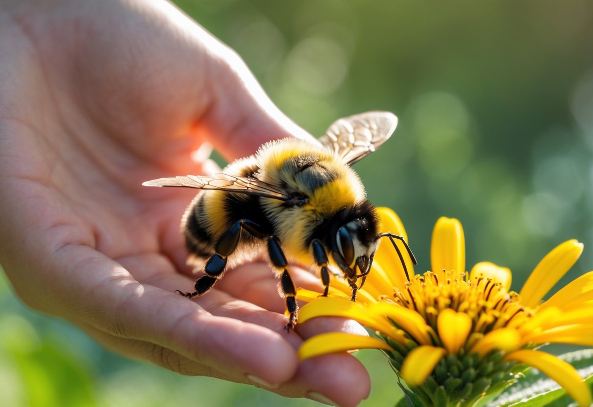A person's hand gently reaching toward a bumblebee sitting on a yellow flower outdoors.